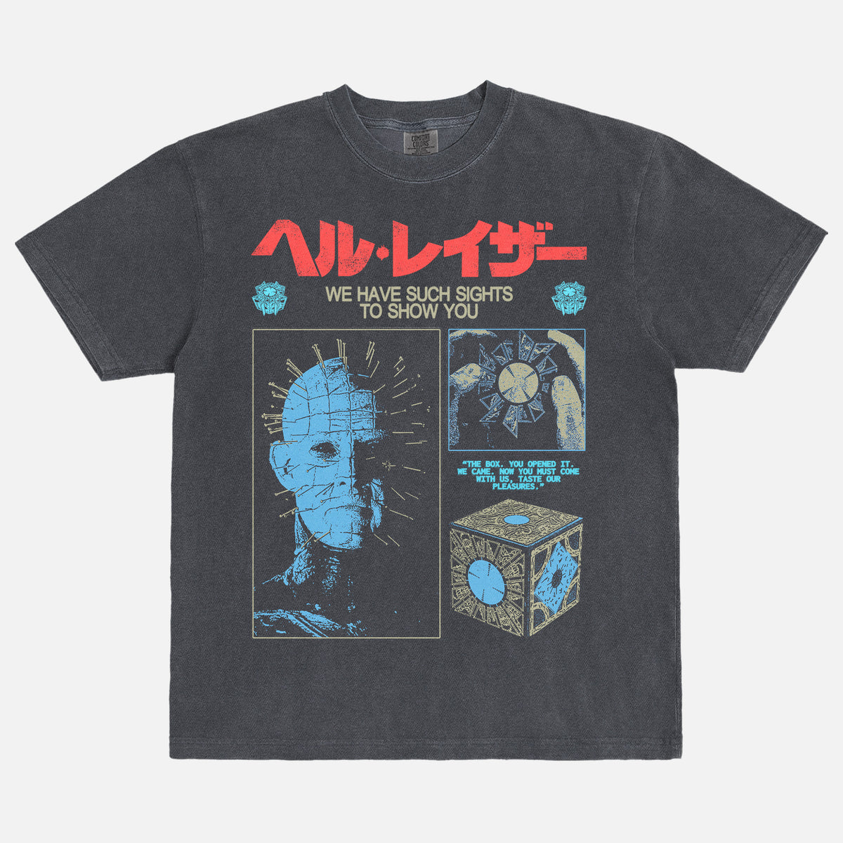 Distressed black and red Hellraiser 80s horror movie graphic tee shirt, grunge pinhead bootleg streetwear t-shirt with Japanese movie poster text