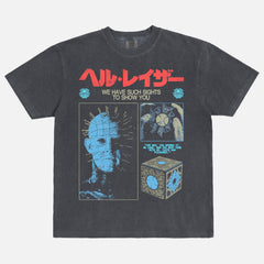 Distressed black and red Hellraiser 80s horror movie graphic tee shirt, grunge pinhead bootleg streetwear t-shirt with Japanese movie poster text