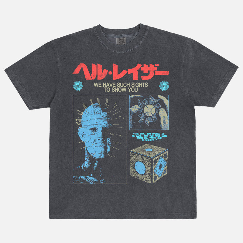 Distressed black and red Hellraiser 80s horror movie graphic tee shirt, grunge pinhead bootleg streetwear t-shirt with Japanese movie poster text