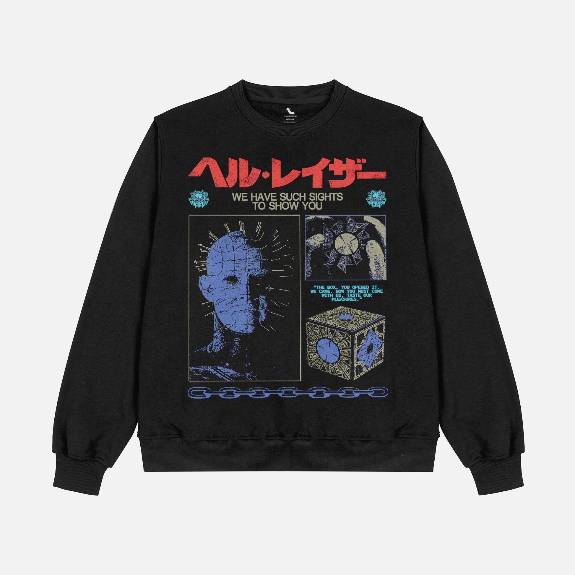 grunge streetwear style Hellraiser movie sweatshirt for horror fans with grunge Pinhead art and japanese movie poster text