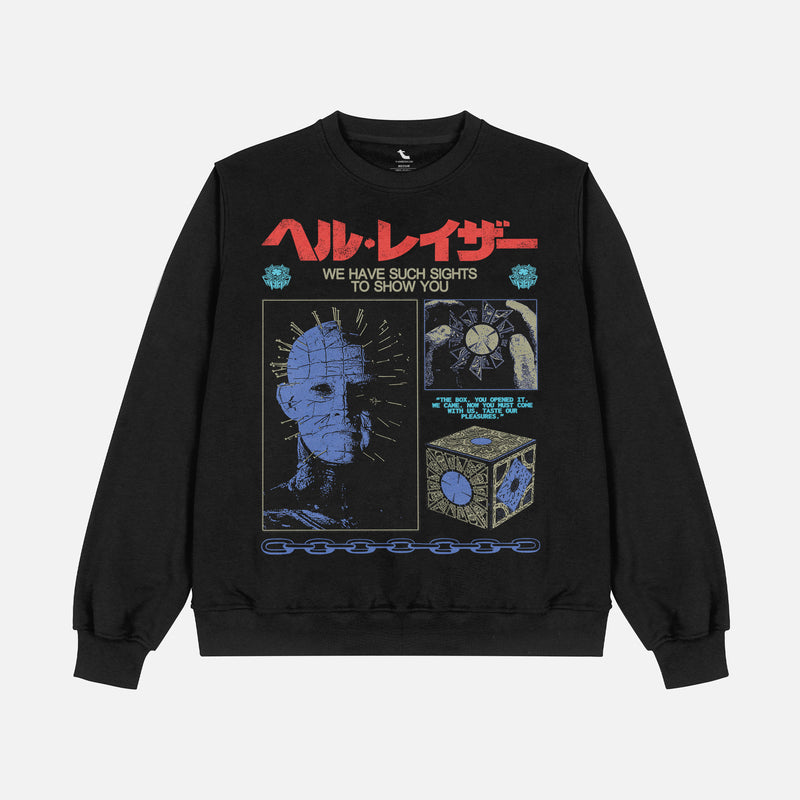 grunge streetwear style Hellraiser movie sweatshirt for horror fans with grunge Pinhead art and japanese movie poster text