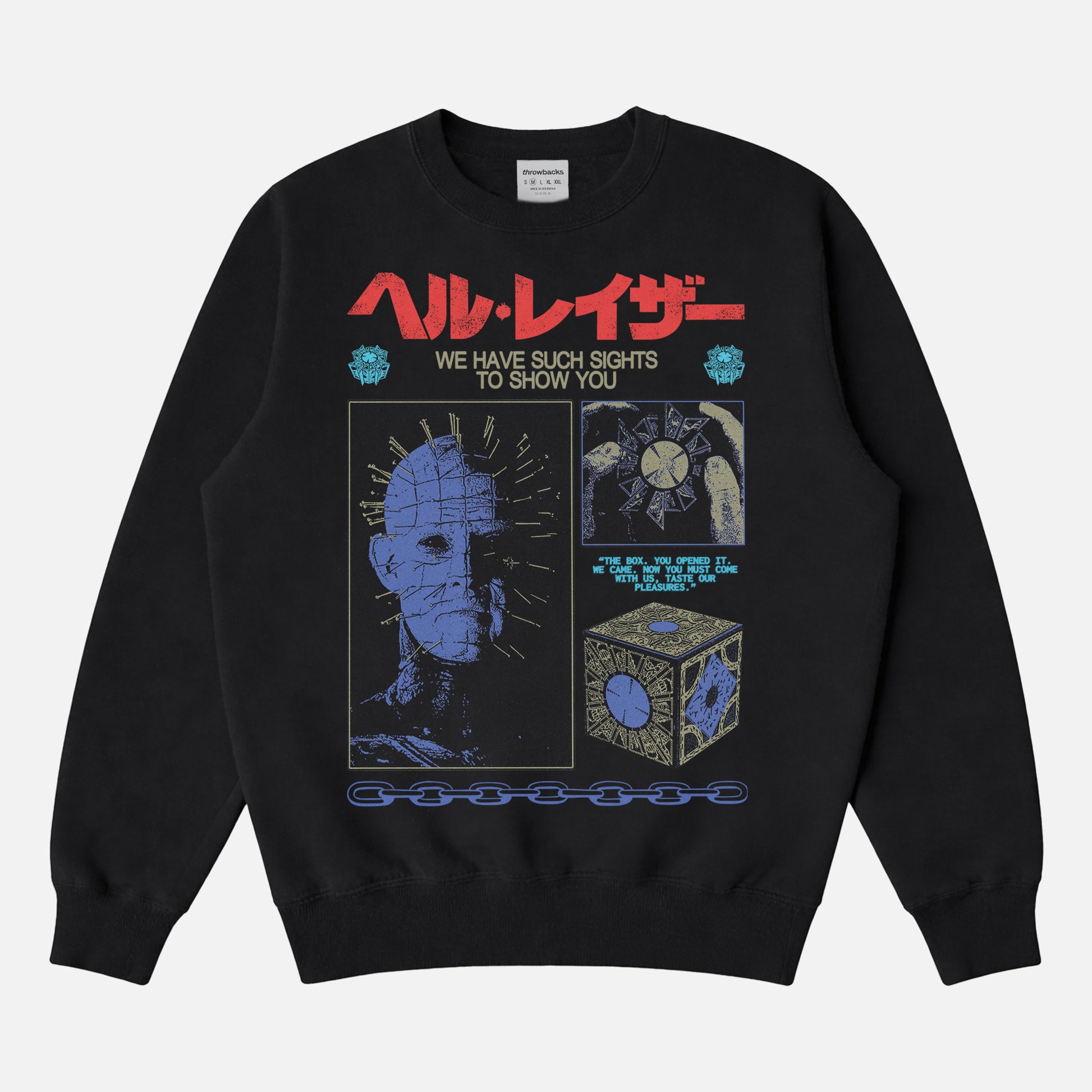 grunge streetwear style Hellraiser movie sweatshirt for horror fans with grunge Pinhead art and japanese movie poster text