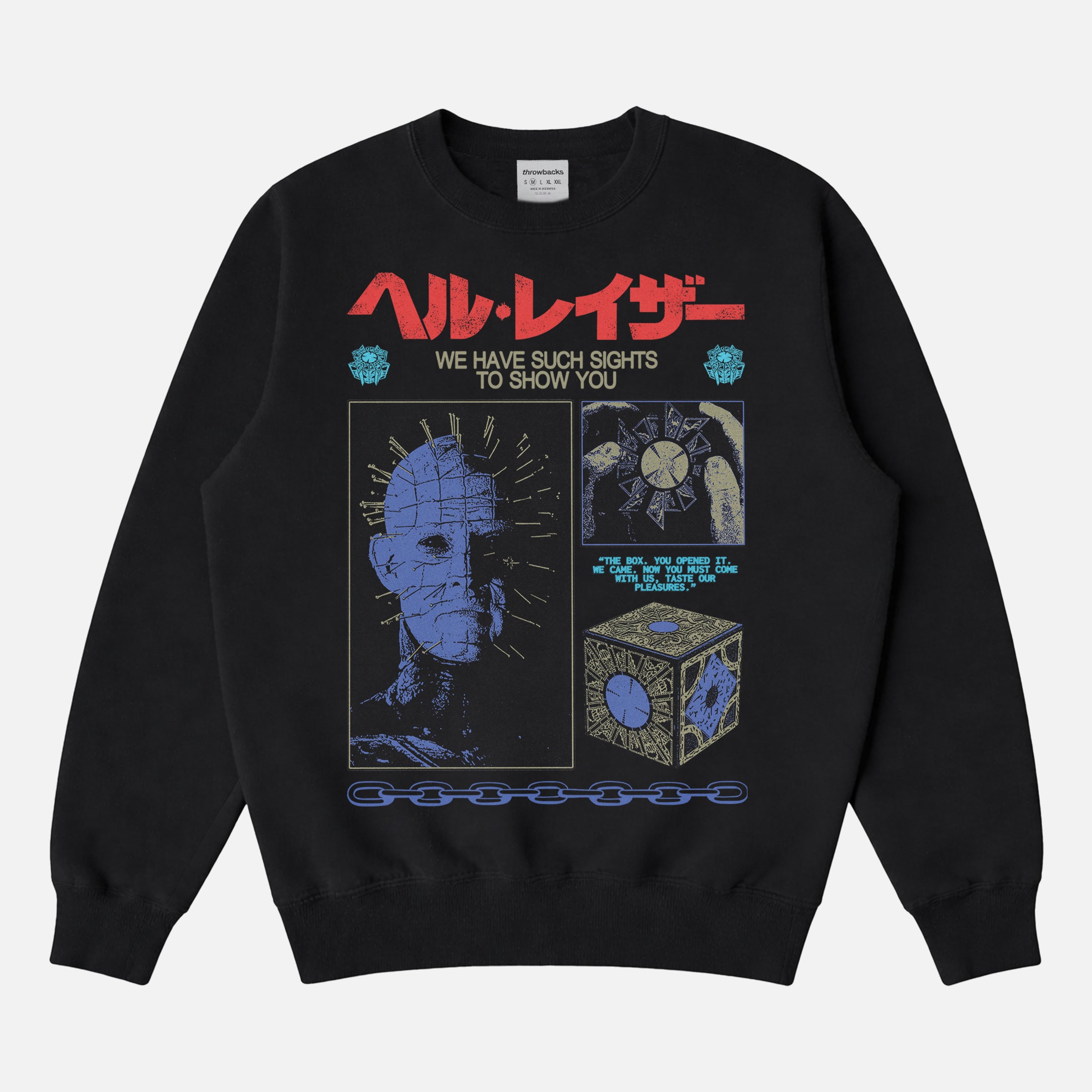 grunge streetwear style Hellraiser movie sweatshirt for horror fans with grunge Pinhead art and japanese movie poster text