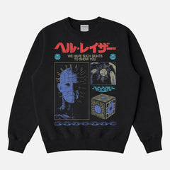 grunge streetwear style Hellraiser movie sweatshirt for horror fans with grunge Pinhead art and japanese movie poster text