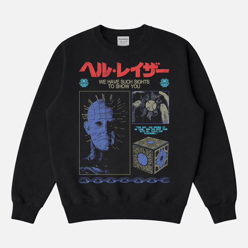 grunge streetwear style Hellraiser movie sweatshirt for horror fans with grunge Pinhead art and japanese movie poster text
