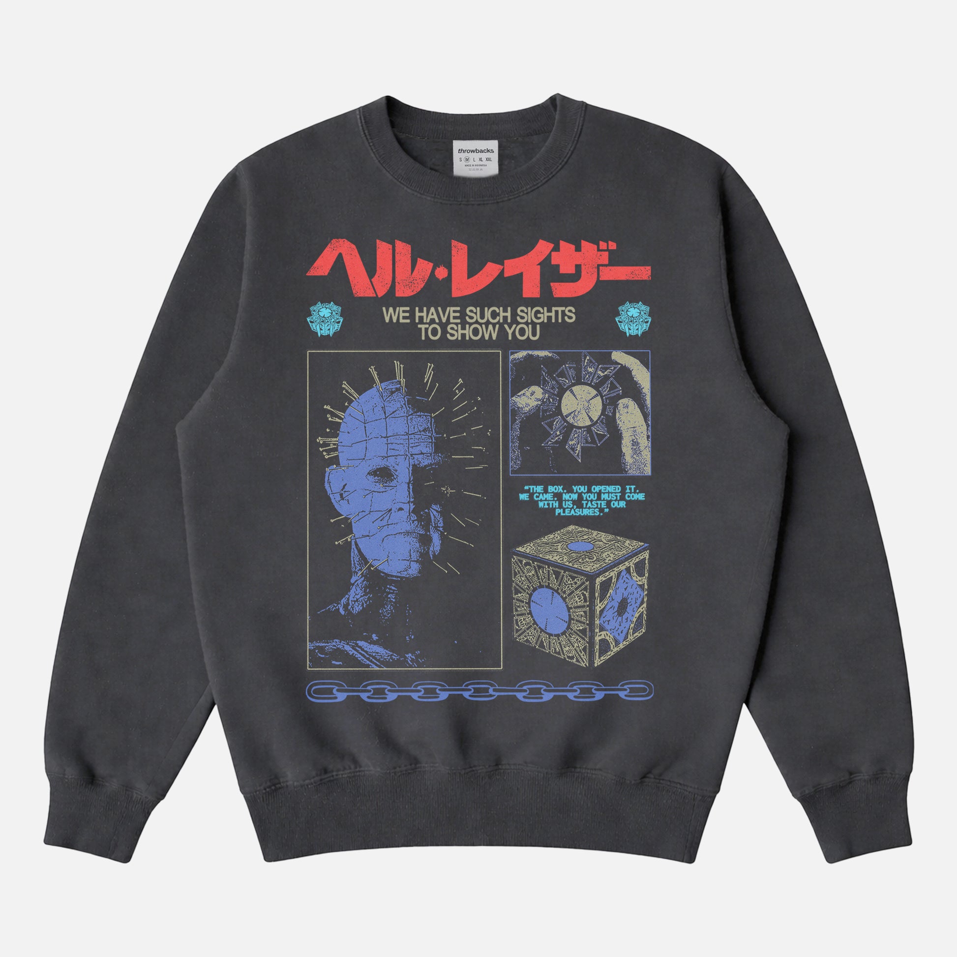 grunge streetwear style Hellraiser movie sweatshirt for horror fans with grunge Pinhead art and japanese movie poster text