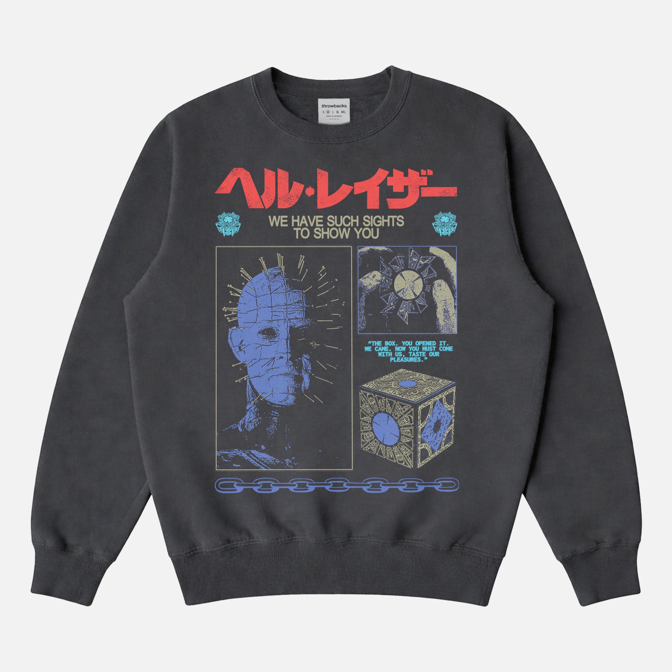 grunge streetwear style Hellraiser movie sweatshirt for horror fans with grunge Pinhead art and japanese movie poster text