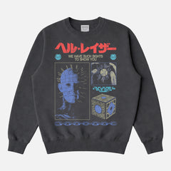 grunge streetwear style Hellraiser movie sweatshirt for horror fans with grunge Pinhead art and japanese movie poster text