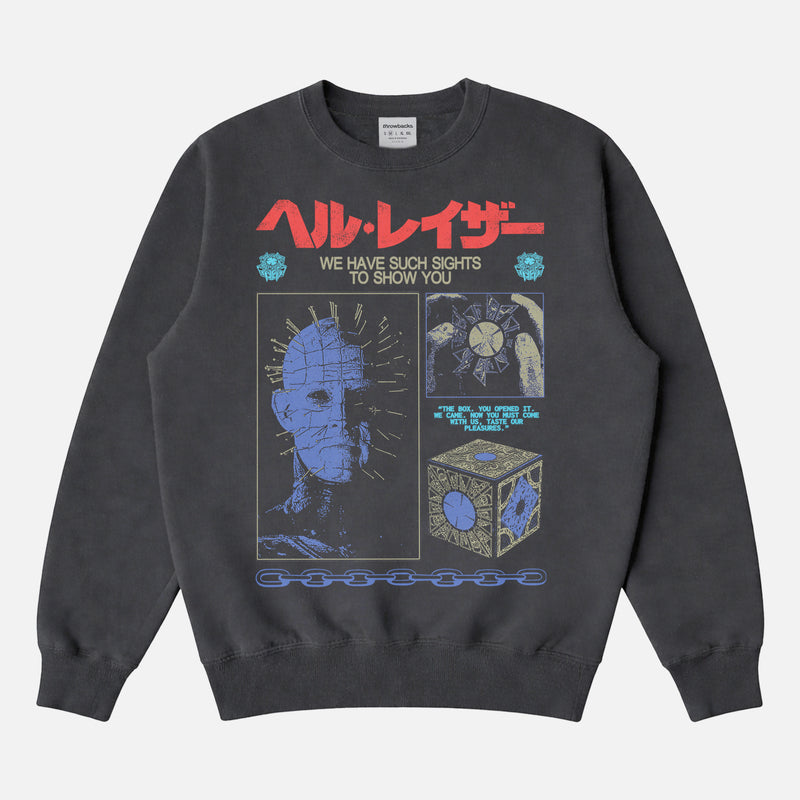 grunge streetwear style Hellraiser movie sweatshirt for horror fans with grunge Pinhead art and japanese movie poster text