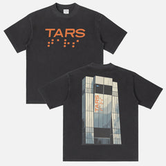 Christpher Nolan Interstellar Movie t-shirt, washed black streetwear style graphic tee with Tars illustration and logo