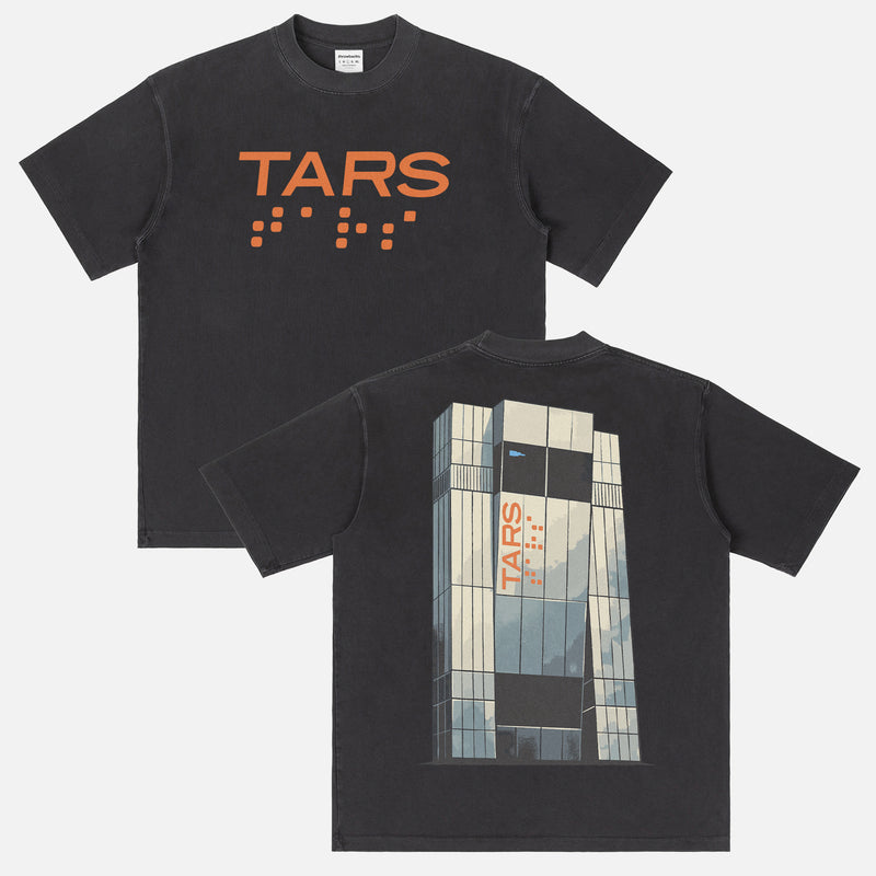 Christpher Nolan Interstellar Movie t-shirt, washed black streetwear style graphic tee with Tars illustration and logo