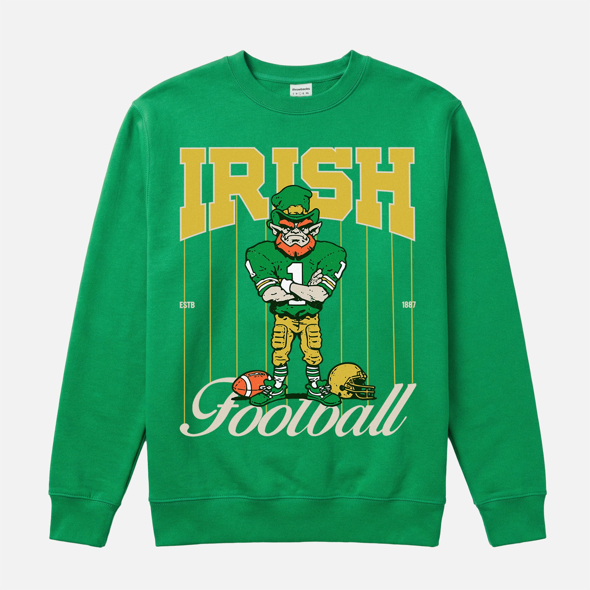 Vintage Notre Dame Fighting Irish crewneck with green and gold leprechaun mascot and retro pinstripes on a kelly irish green sweatshirt for men and women