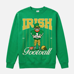 Vintage Notre Dame Fighting Irish crewneck with green and gold leprechaun mascot and retro pinstripes on a kelly irish green sweatshirt for men and women