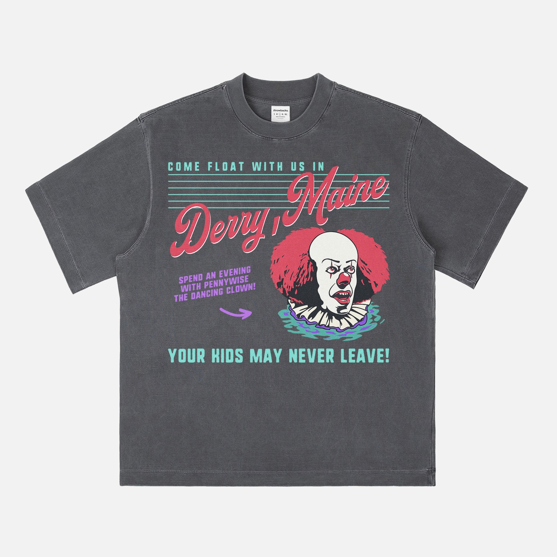 Original IT movie 1990 t-shirt with retro 90s pennywise the dancing clown on washed black unisex t-shirt, Derry Maine horror movie graphic tee for men and women