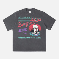 Original IT movie 1990 t-shirt with retro 90s pennywise the dancing clown on washed black unisex t-shirt, Derry Maine horror movie graphic tee for men and women