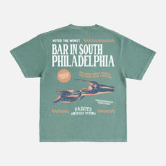 washed green comfort colors Its Always Sunny in Philadelphia tv show graphic tee shirt with funny vintage Paddy's Irish Pub logo and back graphic