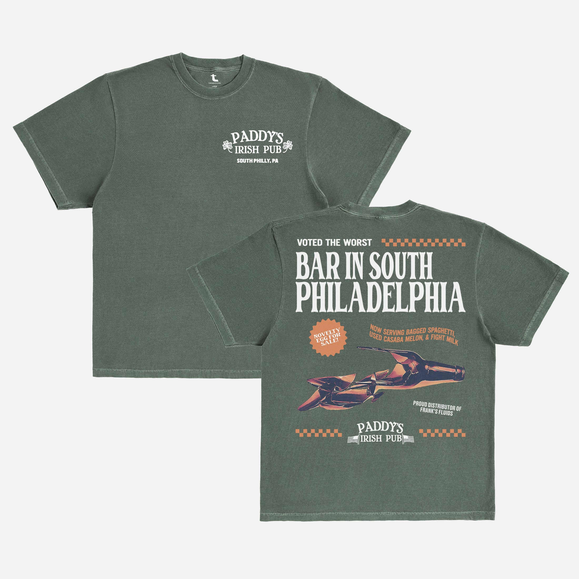 faded washed green comfort colors Its Always Sunny in Philadelphia tv show graphic tee shirt with funny vintage Paddy's Irish Pub logo and back graphic