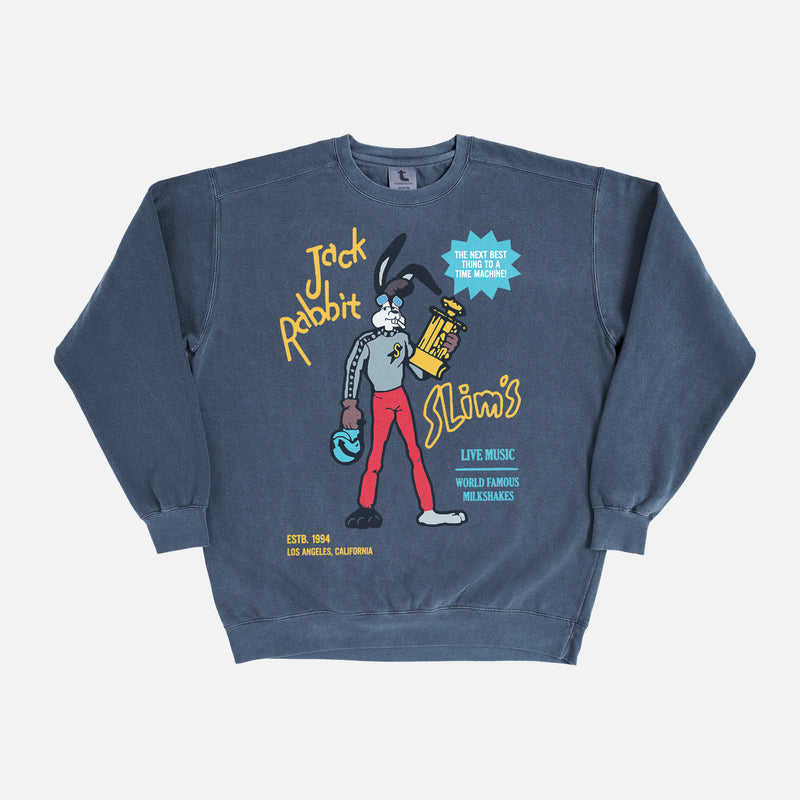 Retro pulp fiction movie sweatshirt, faded distressed navy jack rabbit slims 90s Tarantino movie crewneck for men and women at Throwbacks