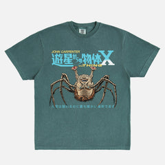 Faded distressed teal green John Carpenter's The Thing horror movie t-shirt on oversized unisex tee with norris spiderhead and japanese movie poster text for sale at Throwbacks