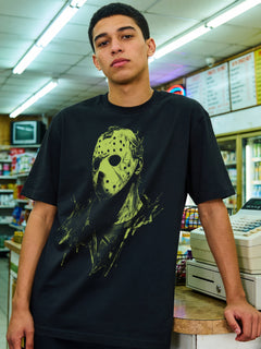 Black Friday the 13th Jason Voorhees art t-shirt with retro neon graphic 