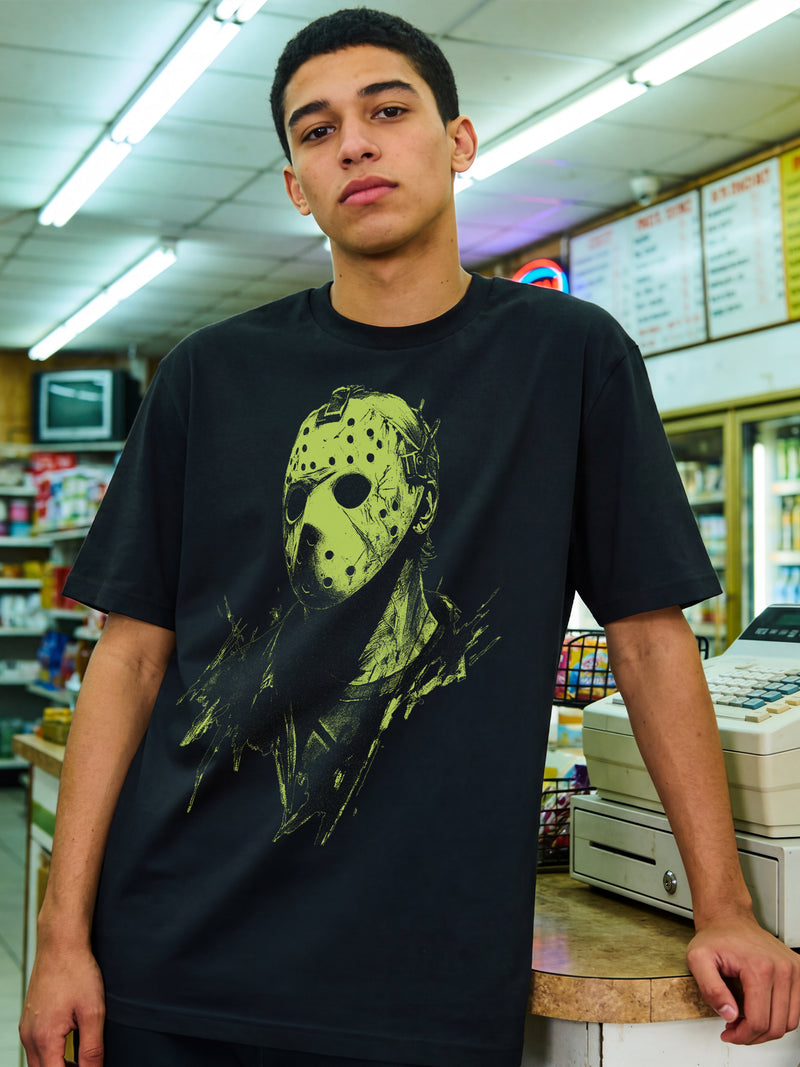 Black Friday the 13th Jason Voorhees art t-shirt with retro neon graphic 