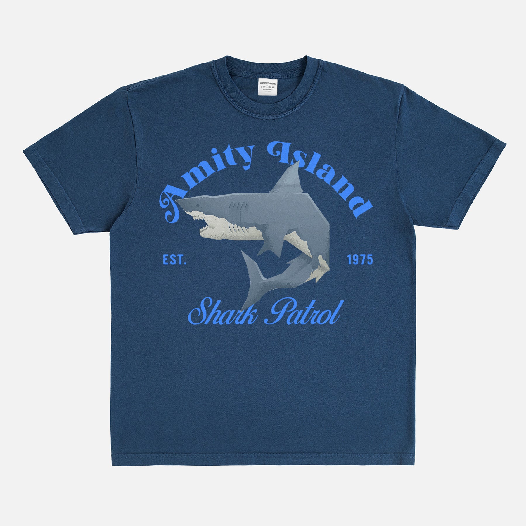 funny Jaws movie t-shirt with Amity Island Shark Patrol logo on a comfort colors graphic tee