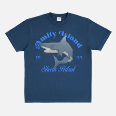 funny Jaws movie t-shirt with Amity Island Shark Patrol logo on a comfort colors graphic tee