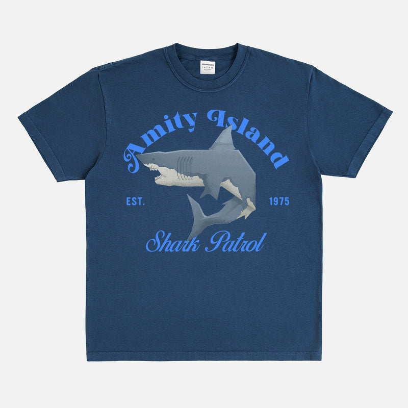 funny Jaws movie t-shirt with Amity Island Shark Patrol logo on a comfort colors graphic tee