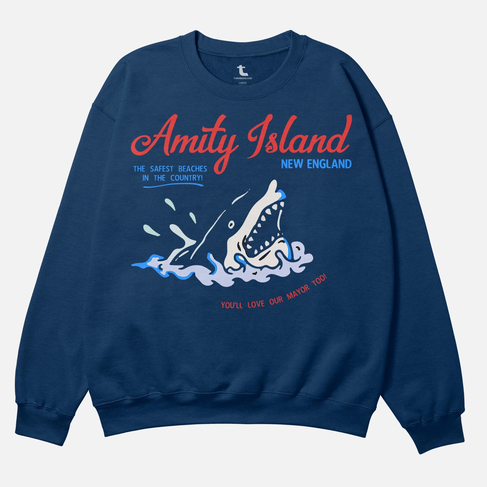 Jaws Movie Sweatshirt, retro funny  navy heavyweight Amity Island Tourist Travel crewneck for sale at Throwbacks
