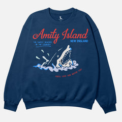 Jaws Movie Sweatshirt, retro funny  navy heavyweight Amity Island Tourist Travel crewneck for sale at Throwbacks