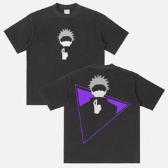 Jujutsu Kaisen satoru fingers crossed t-shirt with front and back print, JJK anime manga graphic tee for men and women