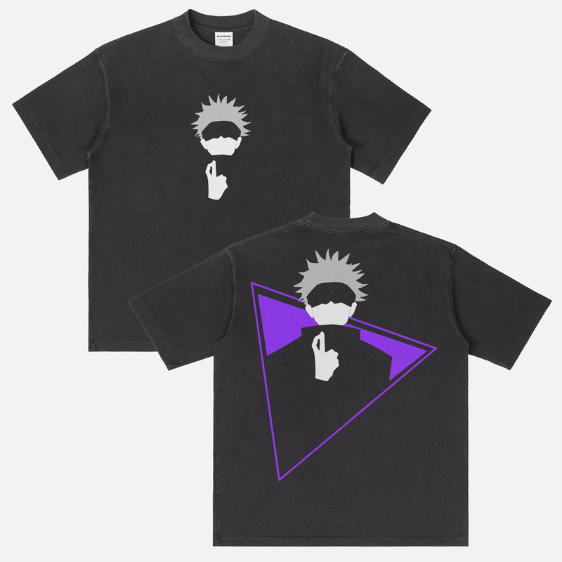 Jujutsu Kaisen satoru fingers crossed t-shirt with front and back print, JJK anime manga graphic tee for men and women