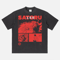 Satoru Gojou Jujutsu Kaisen washed black oversized graphic t-shirt for manga and anime streetwear apparel fans