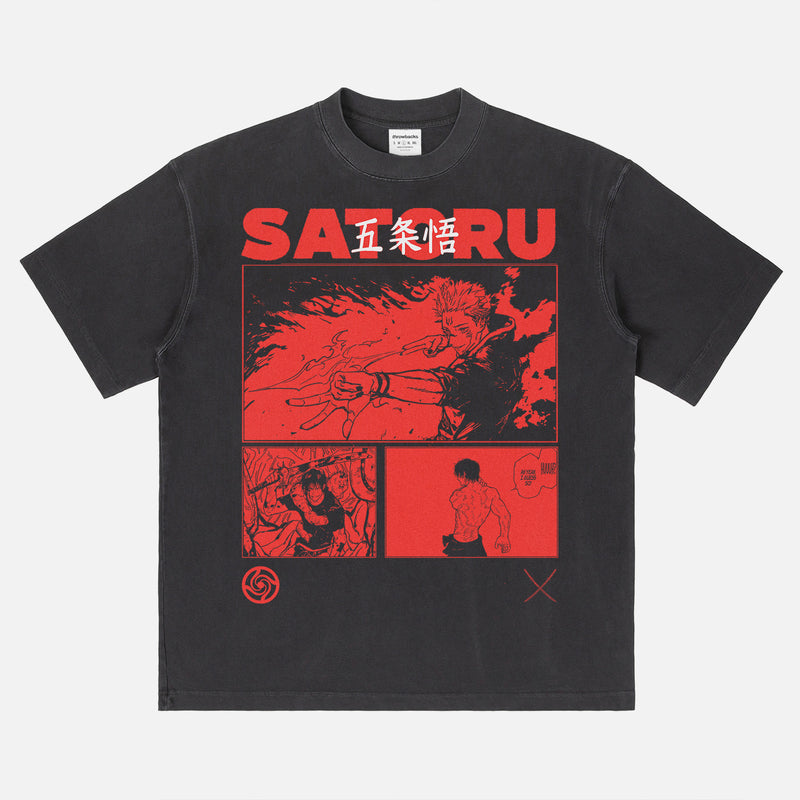 Satoru Gojou Jujutsu Kaisen washed black oversized graphic t-shirt for manga and anime streetwear apparel fans