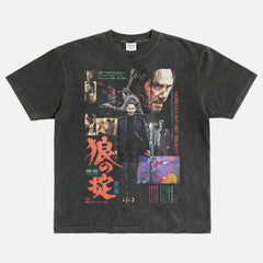 John Wick Japanese Movie Poster t-shirt with grunge bootleg art on a heavyweight black streetwear t-shirt