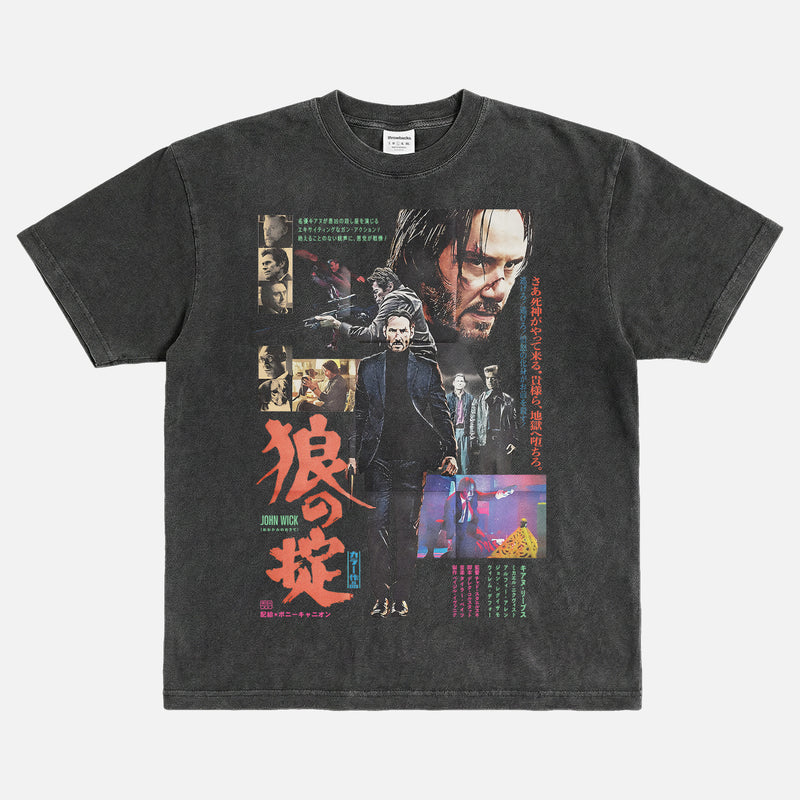 John Wick Japanese Movie Poster t-shirt with grunge bootleg art on a heavyweight black streetwear t-shirt