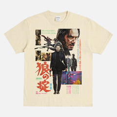John Wick Japanese Movie Poster t-shirt with grunge bootleg art on a heavyweight beige streetwear t-shirt