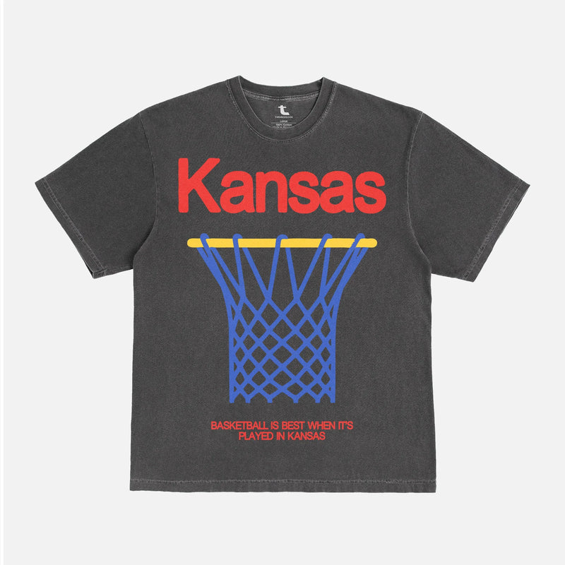 Faded black Kansas Jayhawks college basketball streetwear-style comfort colors graphic t-shirt