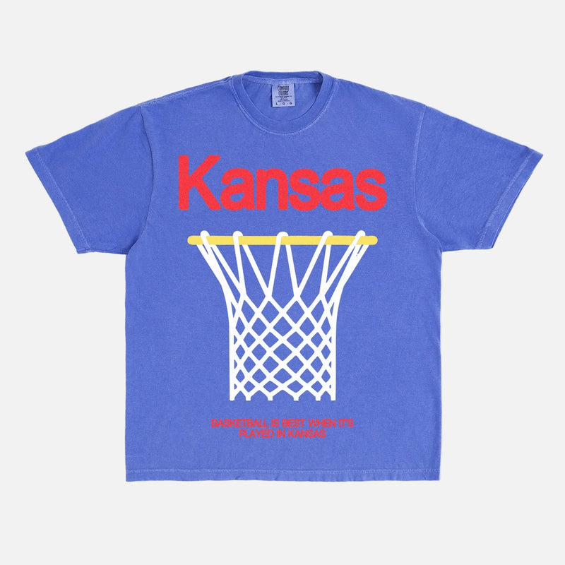Faded royal blue Kansas Jayhawks college basketball streetwear-style comfort colors graphic t-shirt