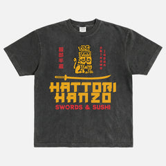 Heavyweight Kill Bill Hattori Hanzo samurai swords and sushi logo washed black t-shirt, Quentin Tarantino Movie streetwear graphic tee for sale at Throwbacks