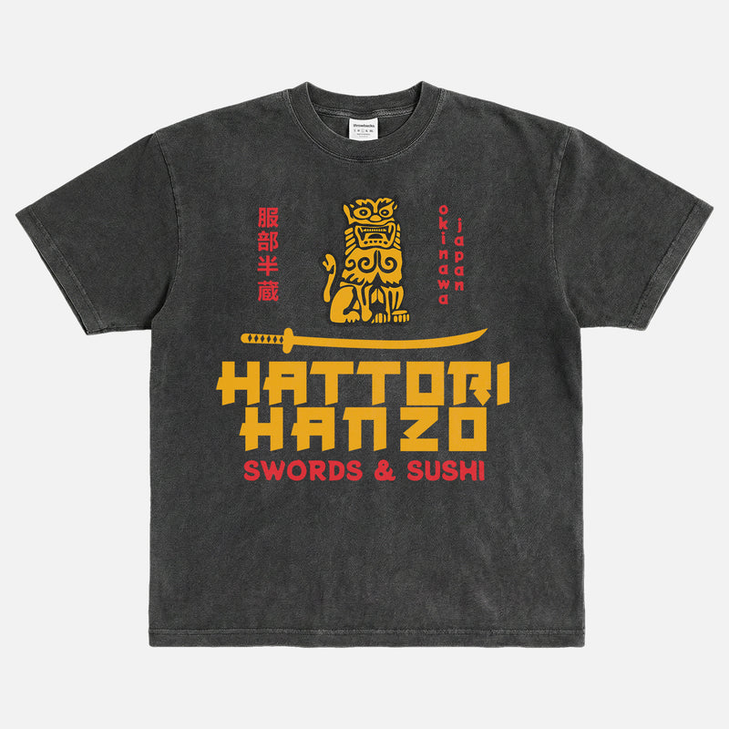 Heavyweight Kill Bill Hattori Hanzo samurai swords and sushi logo washed black t-shirt, Quentin Tarantino Movie streetwear graphic tee for sale at Throwbacks
