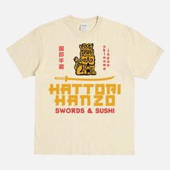 Heavyweight Kill Bill Hattori Hanzo samurai swords and sushi logo washed cream and yellow t-shirt, Quentin Tarantino Movie streetwear graphic tee for sale at Throwbacks