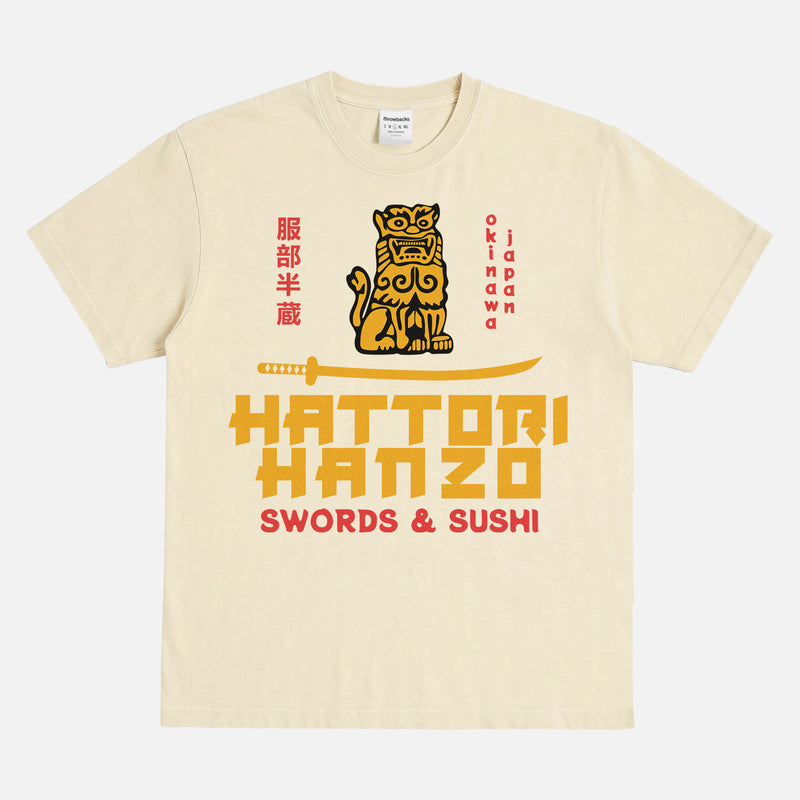 Heavyweight Kill Bill Hattori Hanzo samurai swords and sushi logo washed cream and yellow t-shirt, Quentin Tarantino Movie streetwear graphic tee for sale at Throwbacks