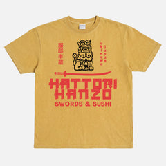 Heavyweight Kill Bill Hattori Hanzo samurai swords and sushi logo washed yellow t-shirt, Quentin Tarantino Movie streetwear graphic tee for sale at Throwbacks