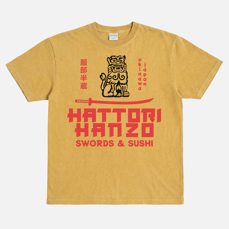 Heavyweight Kill Bill Hattori Hanzo samurai swords and sushi logo washed yellow t-shirt, Quentin Tarantino Movie streetwear graphic tee for sale at Throwbacks