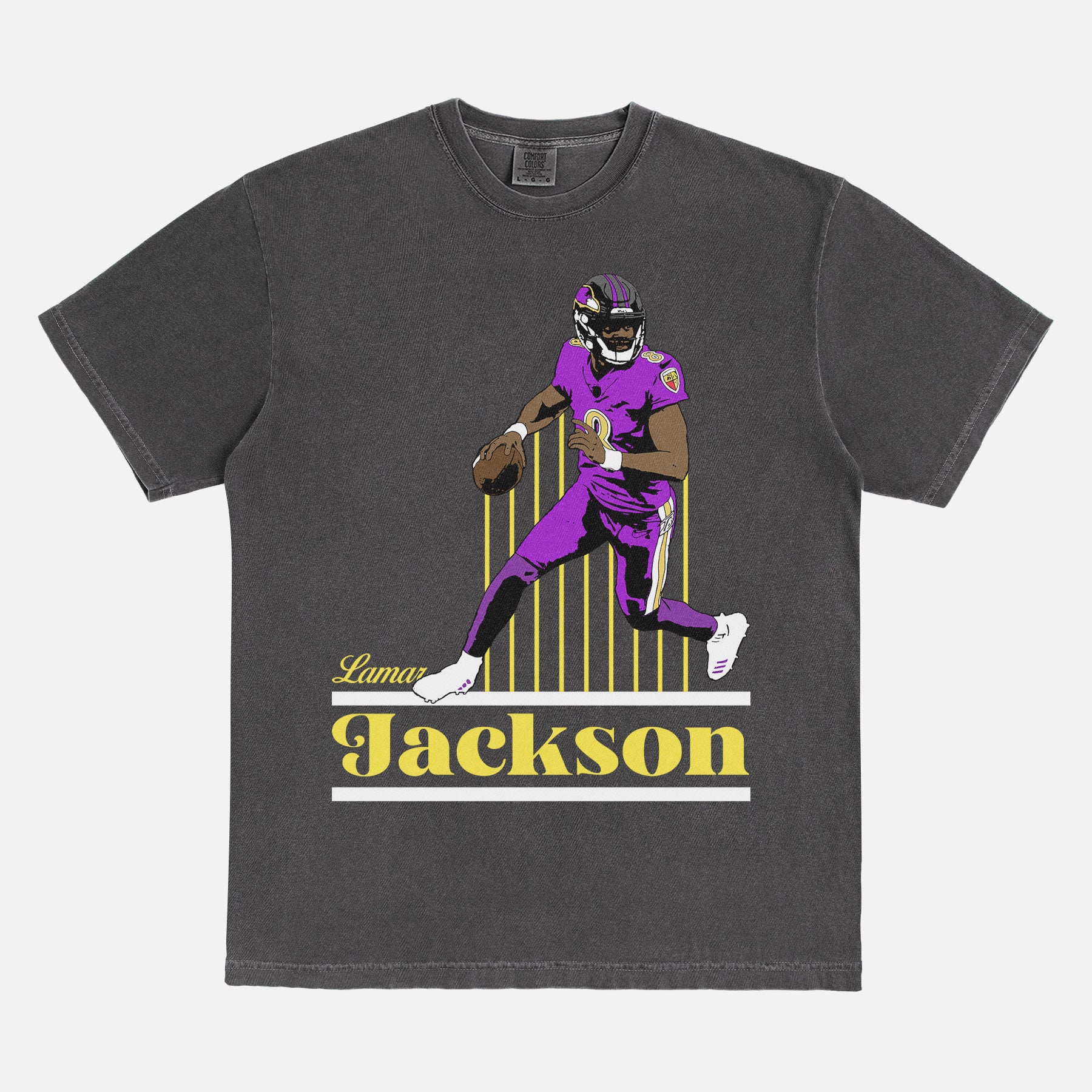 Retro Lamar Jackson Faded Washed Black Graphic Tee Shirt for Baltimore Ravens football fans