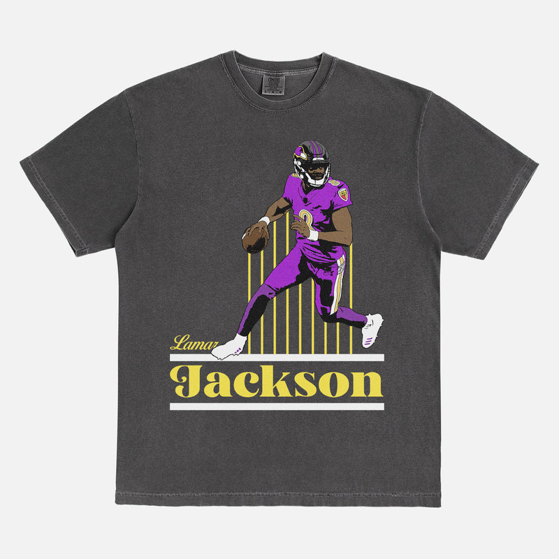 Retro Lamar Jackson Faded Washed Black Graphic Tee Shirt for Baltimore Ravens football fans