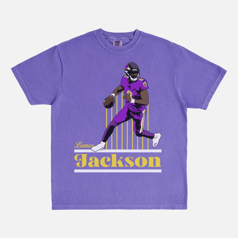 Retro Lamar Jackson Faded Washed Purple Graphic Tee Shirt for Baltimore Ravens football fans
