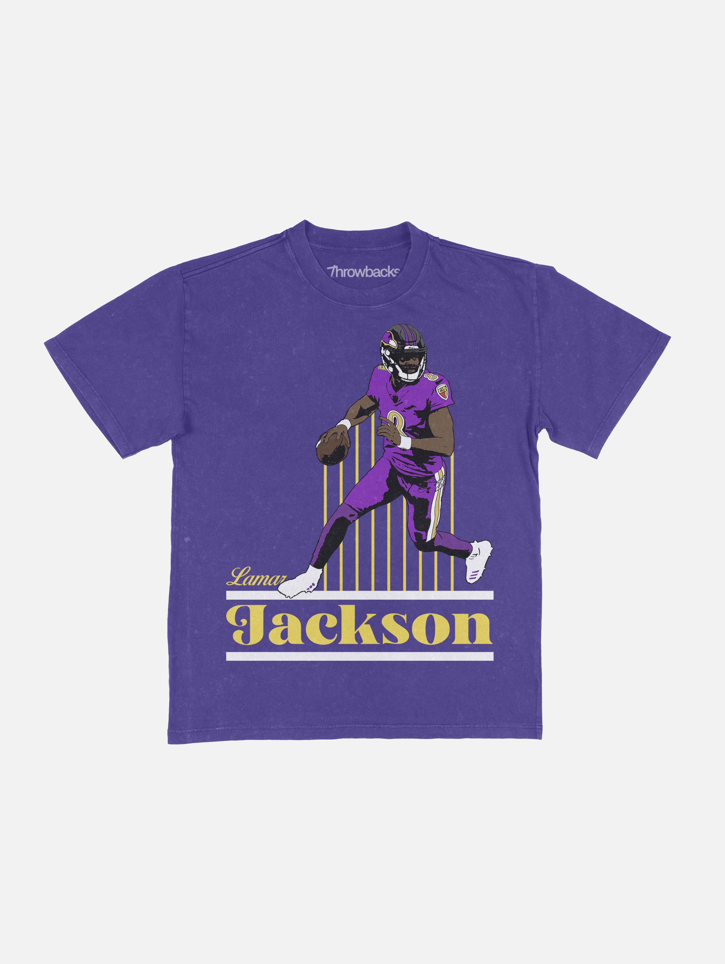 Retro Lamar Jackson Faded Washed Purple Graphic Tee Shirt for Baltimore Ravens football fans