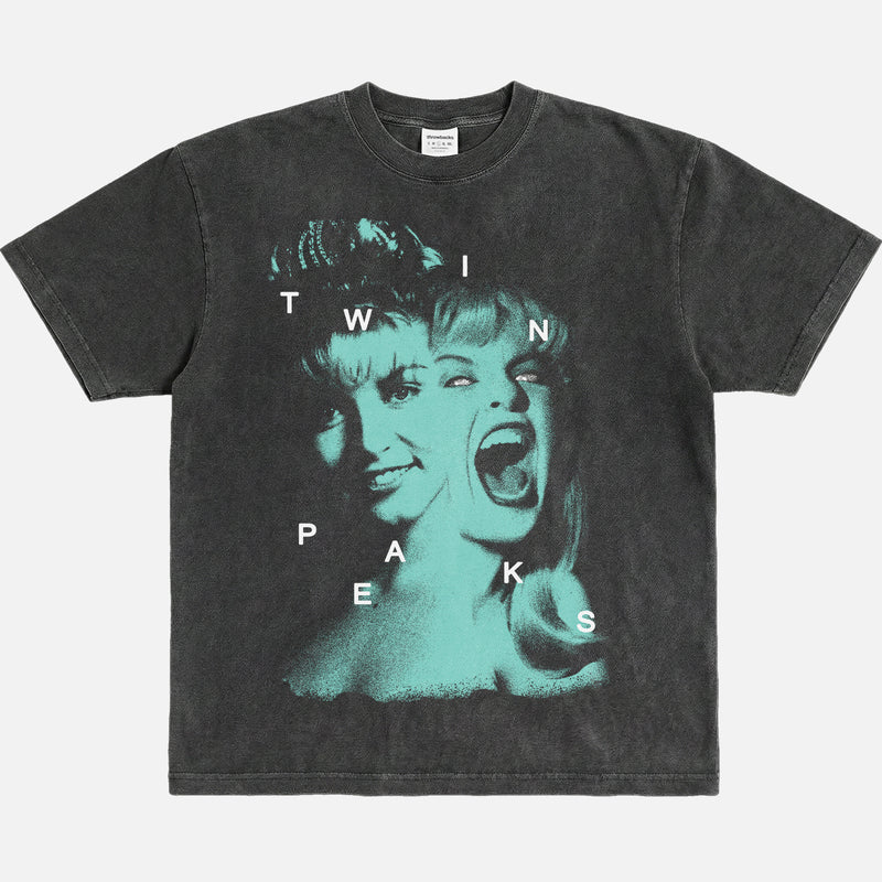 creepy vintage Twin Peaks TV show streetwear t-shirt with laura palmer graphic for David Lynch fans